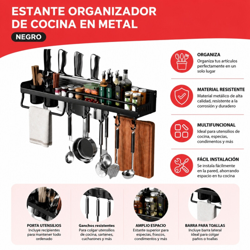 Estante organizador de cocina en metal NEGRO