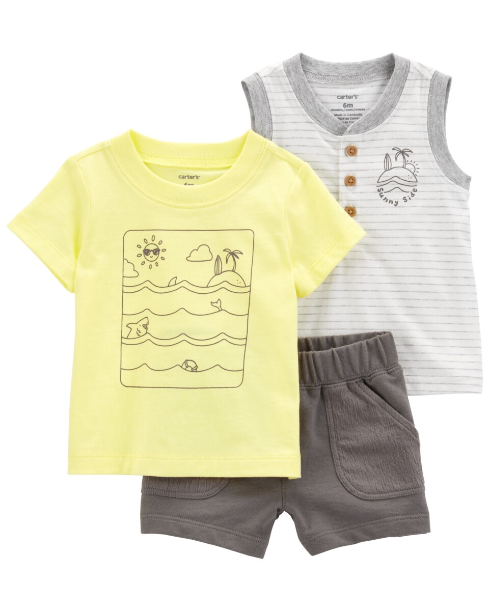 Set tres piezas de algodón, short, remera y musculosa, diseño océano 