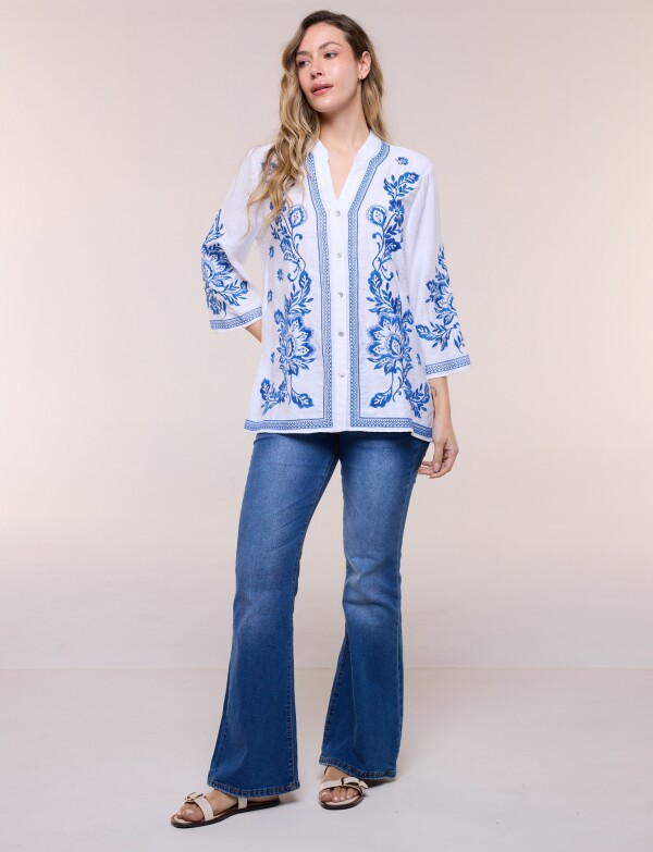 Blusa Bordado Floral BLANCO/AZUL