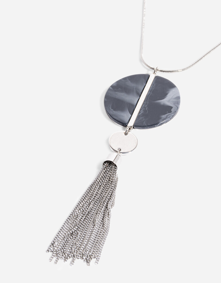 Collares Largos Acrilico Collar Con Dije Ovalado - Plateado Rodio