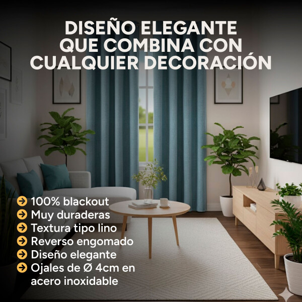 Cortina Blackout 100% Engomada Termica Set 2 Paños Tipo Lino Color Azul Piedra