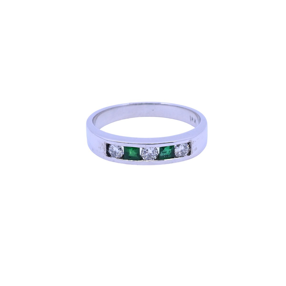 Anillo medio sin fin oro 18k blanco carril con esmeraldas carré y brillantes. 