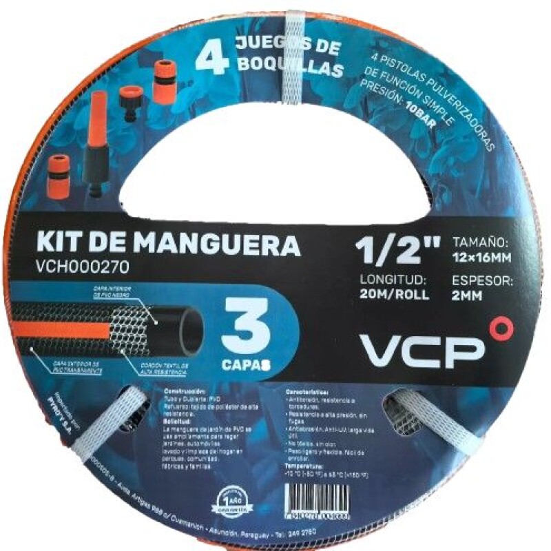 KIT DE MANGUERA DE 3 CAPAS 1/2" 20M. 4 JUEGOS DE BOQUILLAS KIT DE MANGUERA DE 3 CAPAS 1/2" 20M. 4 JUEGOS DE BOQUILLAS