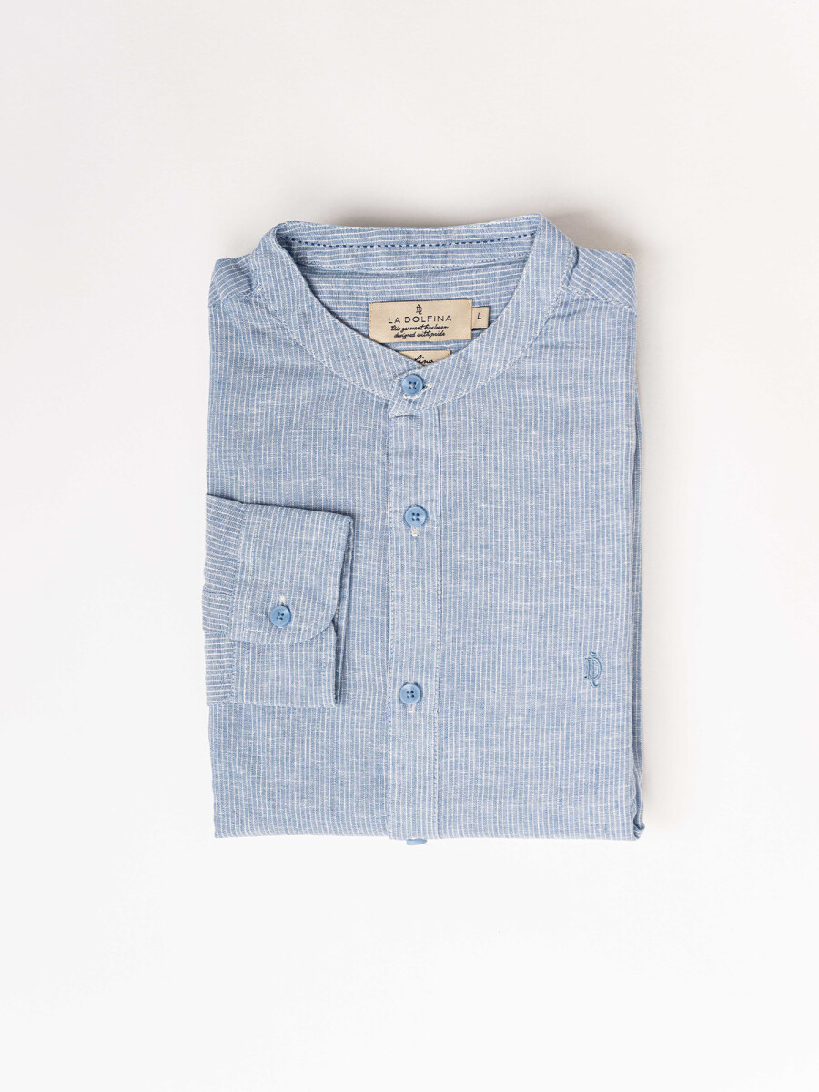 Camisa m/l lino rayada - celeste 