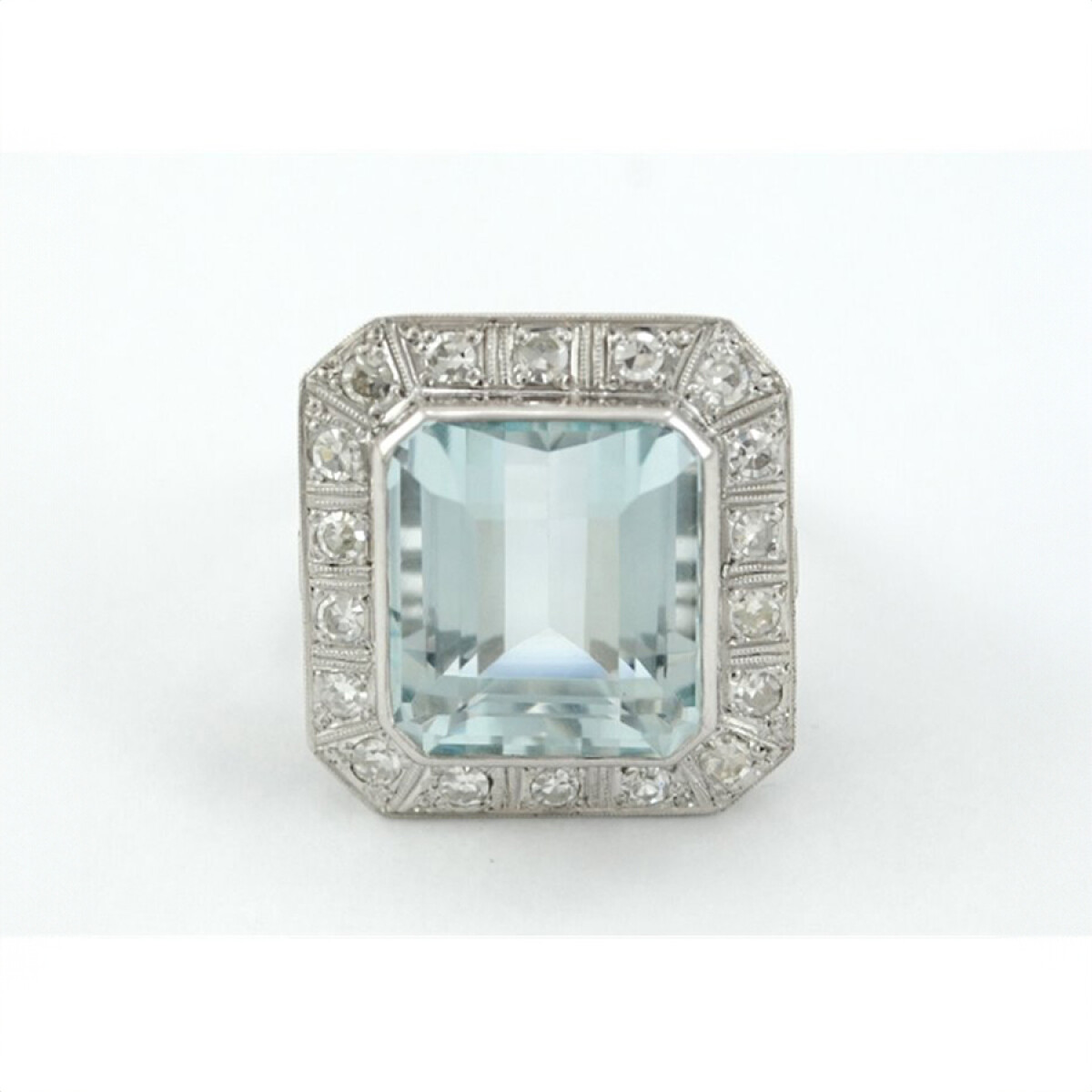 Anillo Oro 18K Diseño Antiguo Con Brillantes Y Agua Marina 