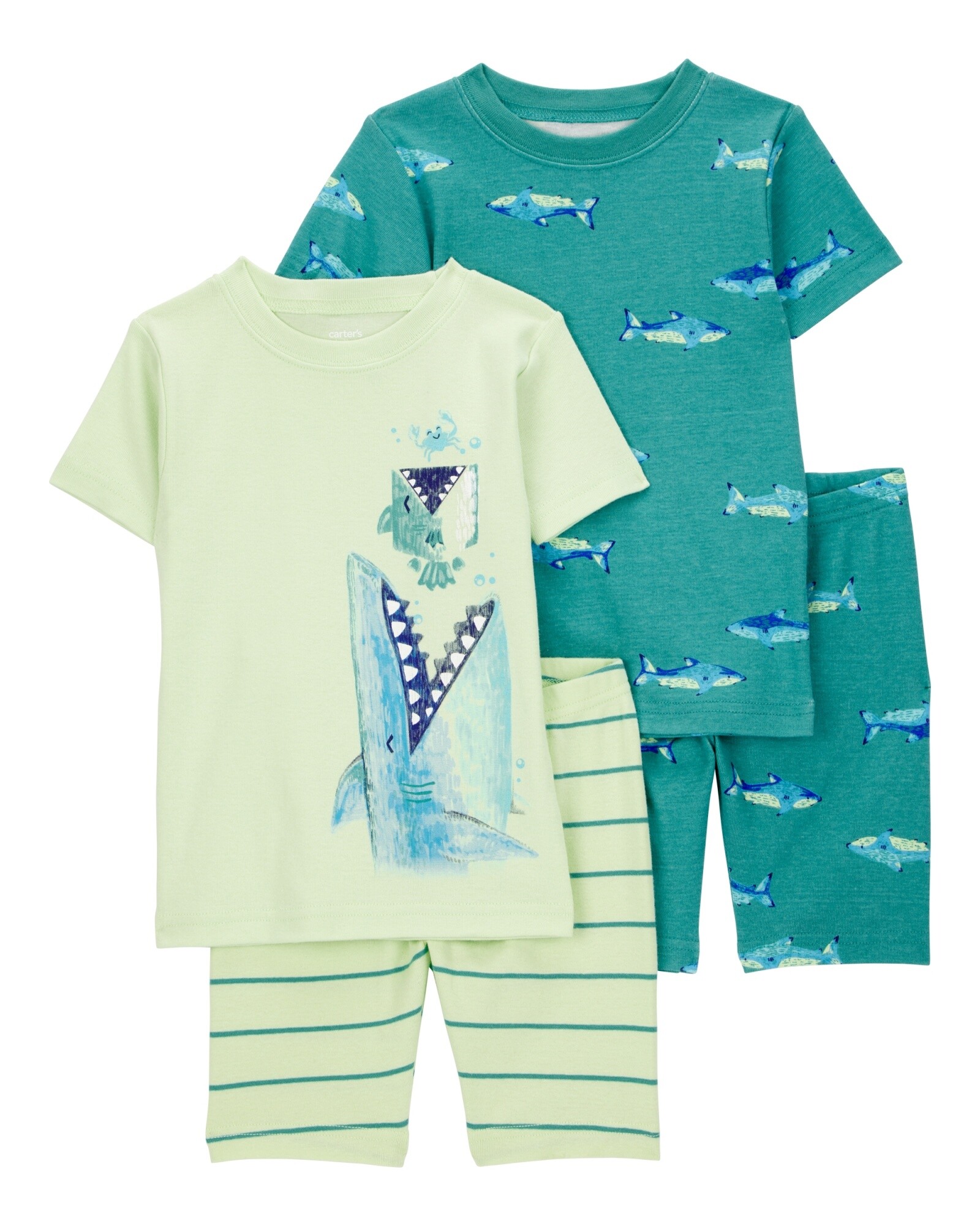 Pijama cuatro piezas de algodón, dos bermudas y dos remeras, diseño tiburones Sin color