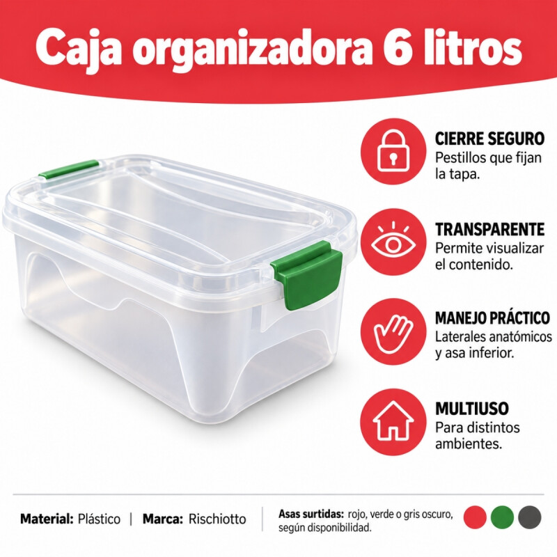 Set x3 Caja organizadora 6 lts de plástico reforzada TRANSPARENTE