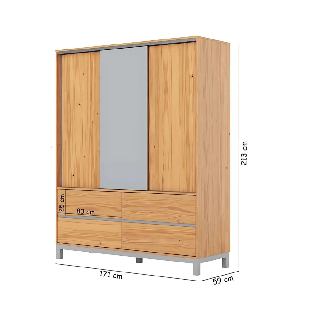 Ropero 3 Puertas - Madera Maciza Pino/Gris - Square Ropero 3 Puertas - Madera Maciza Pino/Gris - Square