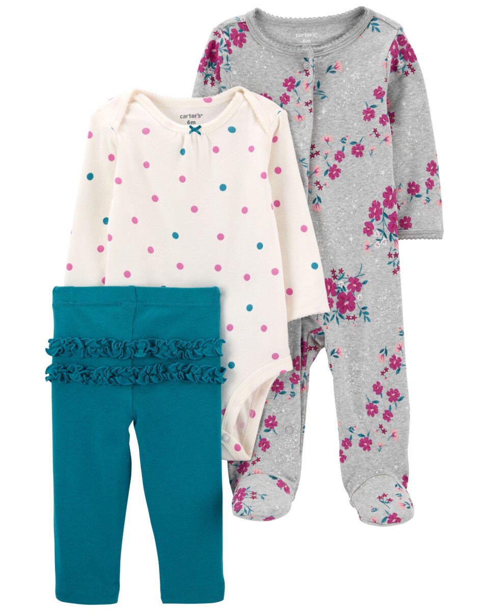 Set tres piezas pijama con pie, pantalón y body manga larga de algodón 
