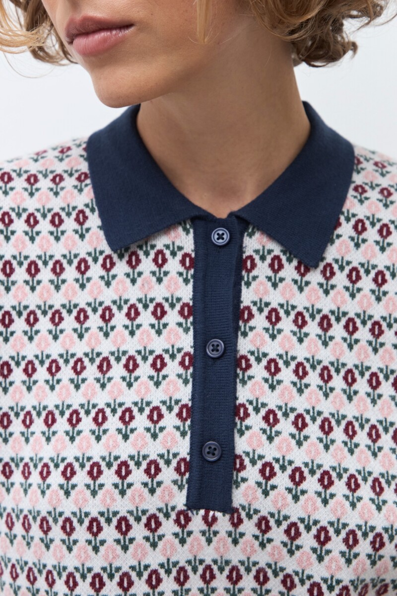 Sweater jacquard cuello polo crudo