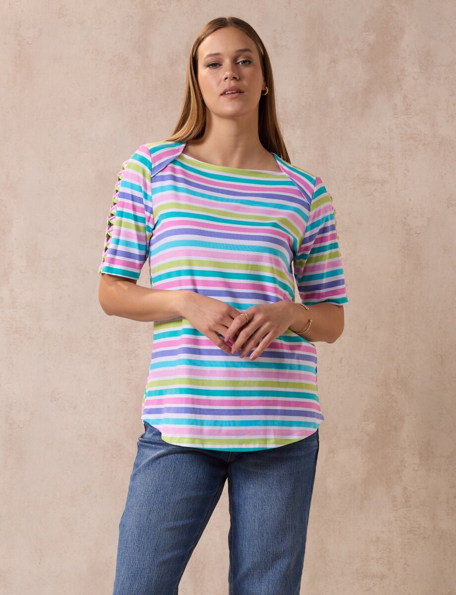 Remera Algodon Lineas - Multi/rosa 