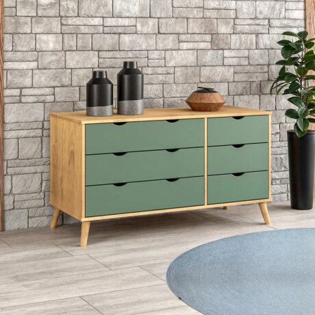 Cómoda Cajonera en madera maciza, con patas - 6 cajones MADERA- VERDE