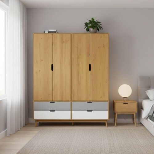 Ropero 4 Puertas 4 Cajones - Línea Nórdica Roble/Gris claro/Blanco