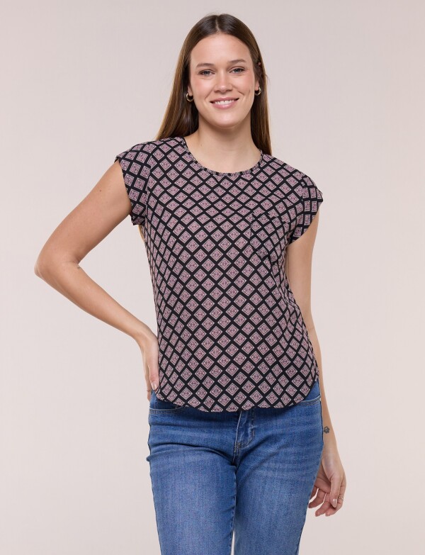 Blusa De Gasa Manga Corta Con Bolsillo Frontal NEGRO/MULTI