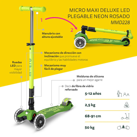 Monopatín Micro Maxi Plegable Neón LED Ajustable con 3 Ruedas VERDE
