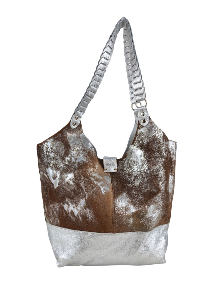 Tote bag de cuero - Plateado con marrón 