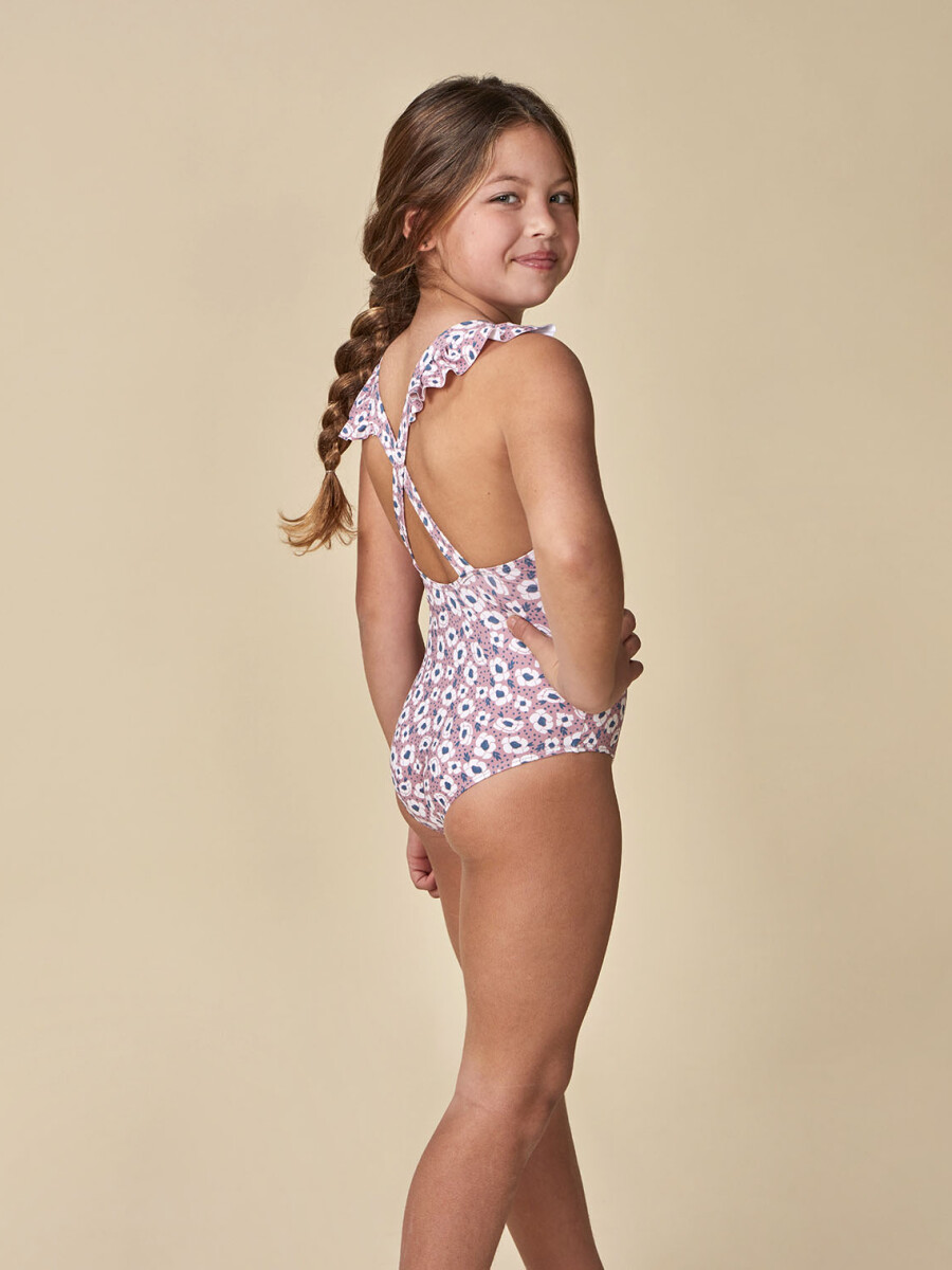 Traje De Baño Estampado Flor Grande Rosa Medio
