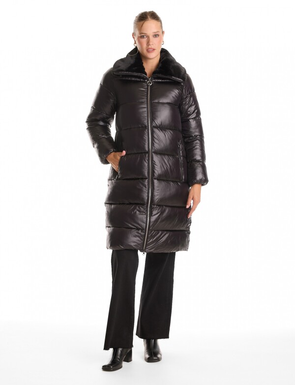 Campera Puffer Satinada Con Cuello De Piel NEGRO