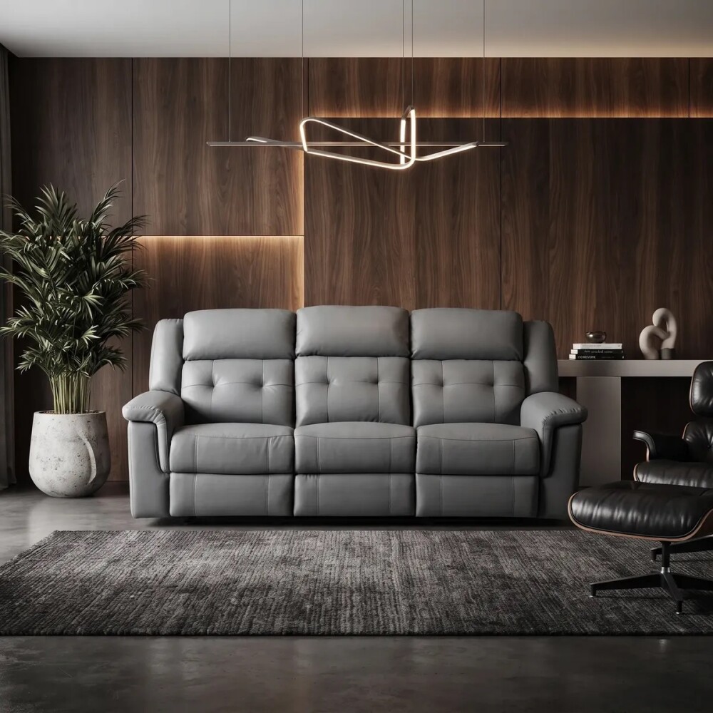 Sillón Sofá Cuero Ecológico 3 Cuerpos Eléctrico Reclinable Gris