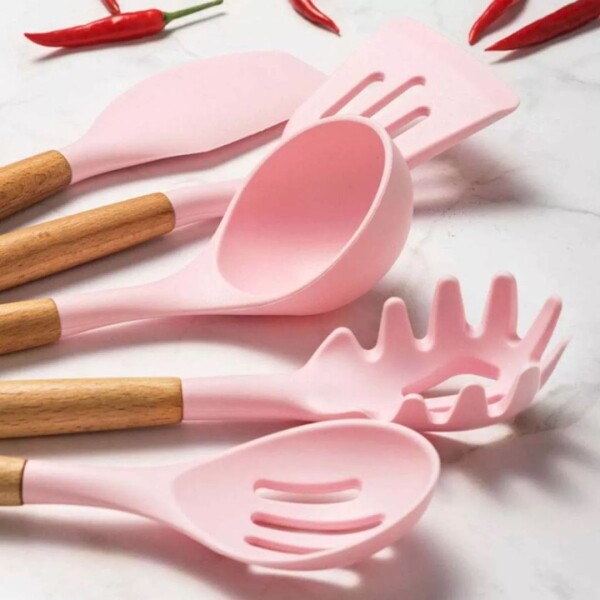 JUEGO 11 PIEZAS MENAGE SILICONA MANGO MADERA ROSA