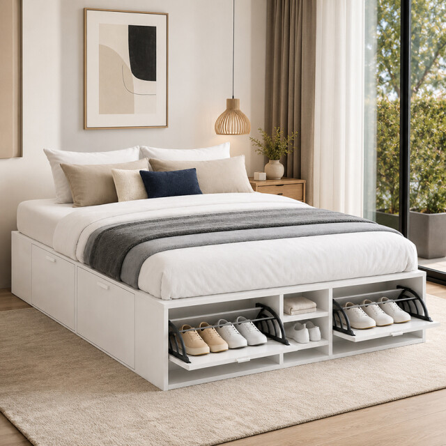 Cama Queen Size 1.60 mt - con zapatera y cajones blanco