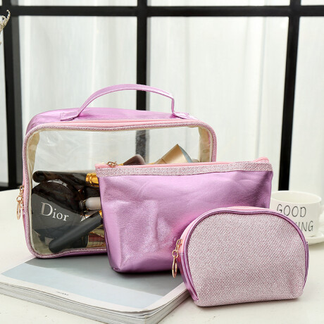 Necessaire 3 Estuches Metalizados Rosa