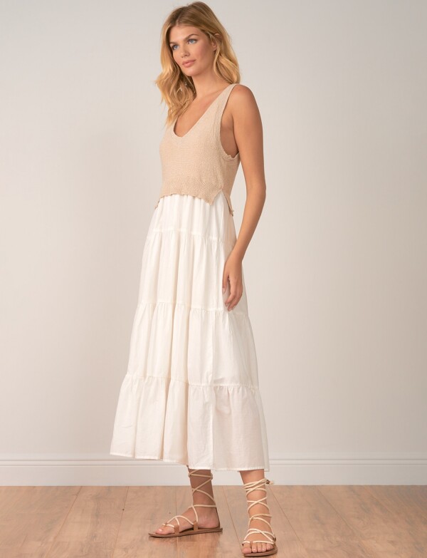 Vestido Midi Combinado Tejido Y Falda Escalonada BEIGE
