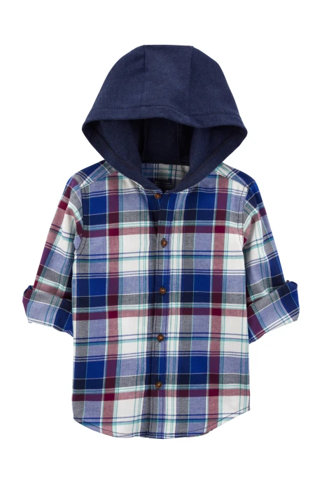 Camisa de sarga, con capucha, diseño a cuadros. Talles 2-5T Camisa de sarga, con capucha, diseño a cuadros. Talles 2-5T