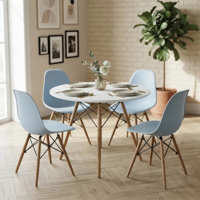 Juego de comedor Con Mesa Circular de 80cm + 4 Sillas Eames Azul/Blanco