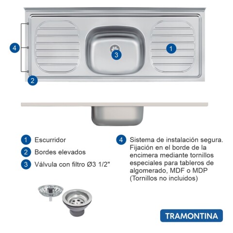 Bajo Mesada 3 Puertas y 2 Cajones con Pileta Central Tramontina Acero Inox - Negro Bajo Mesada 3 Puertas y 2 Cajones con Pileta Central Tramontina Acero Inox - Negro