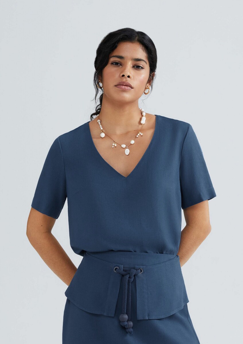 BLUSA MANGA CORTA DE LINO - AZUL 