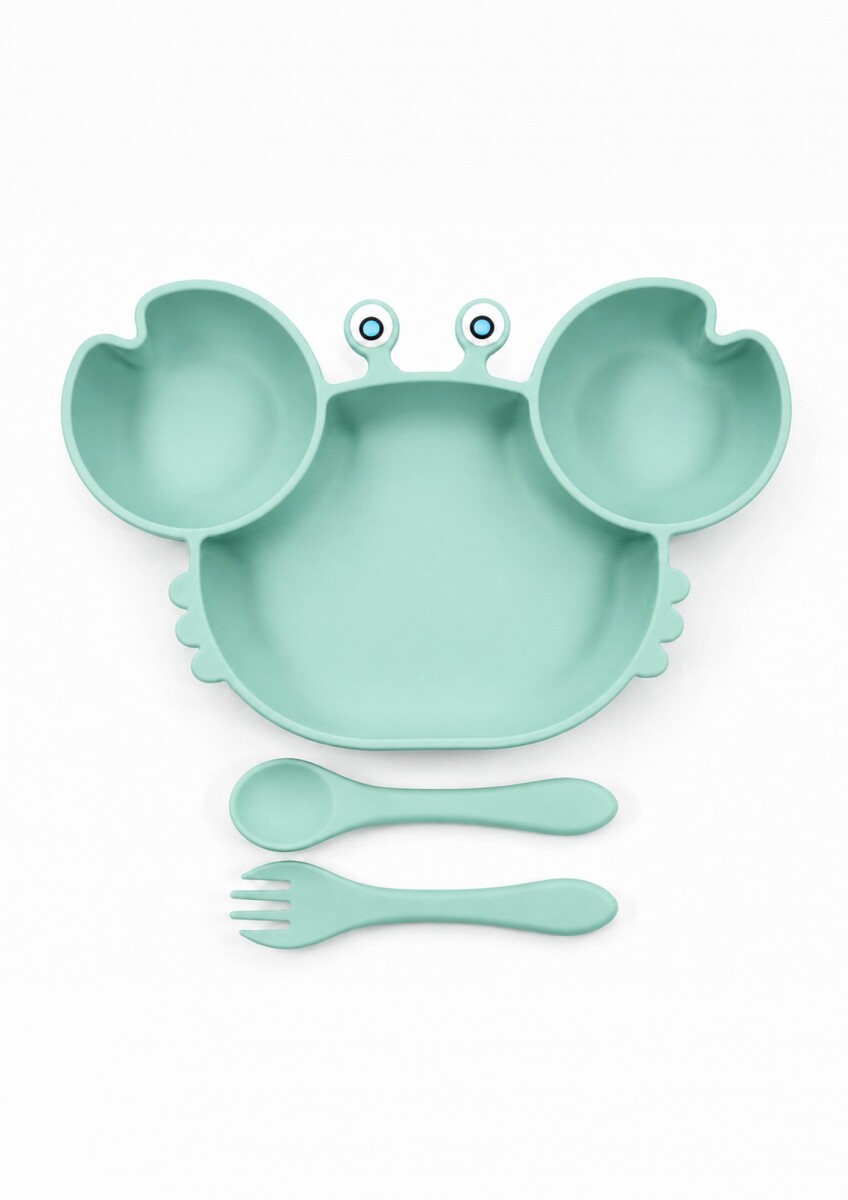 Set de plato infantil de silicona con diseño de cangrejo - Verde Agua 