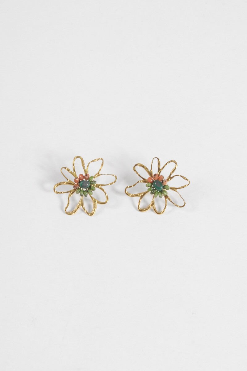 Caravanas flor piedras acero dorado