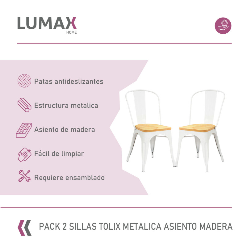 Pack 2 Sillas Tolix Lumax Metálicas Vintage Con Asiento De Madera Para Comedor Blanco