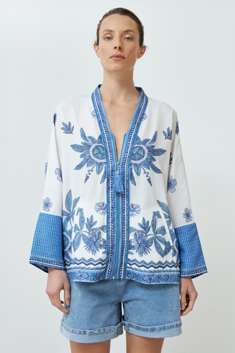 Kimono estampado con cierre azul