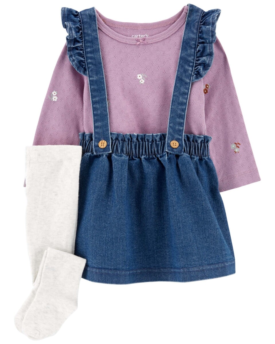 Set tres piezas jumper jean, blusa y medias de algodón 