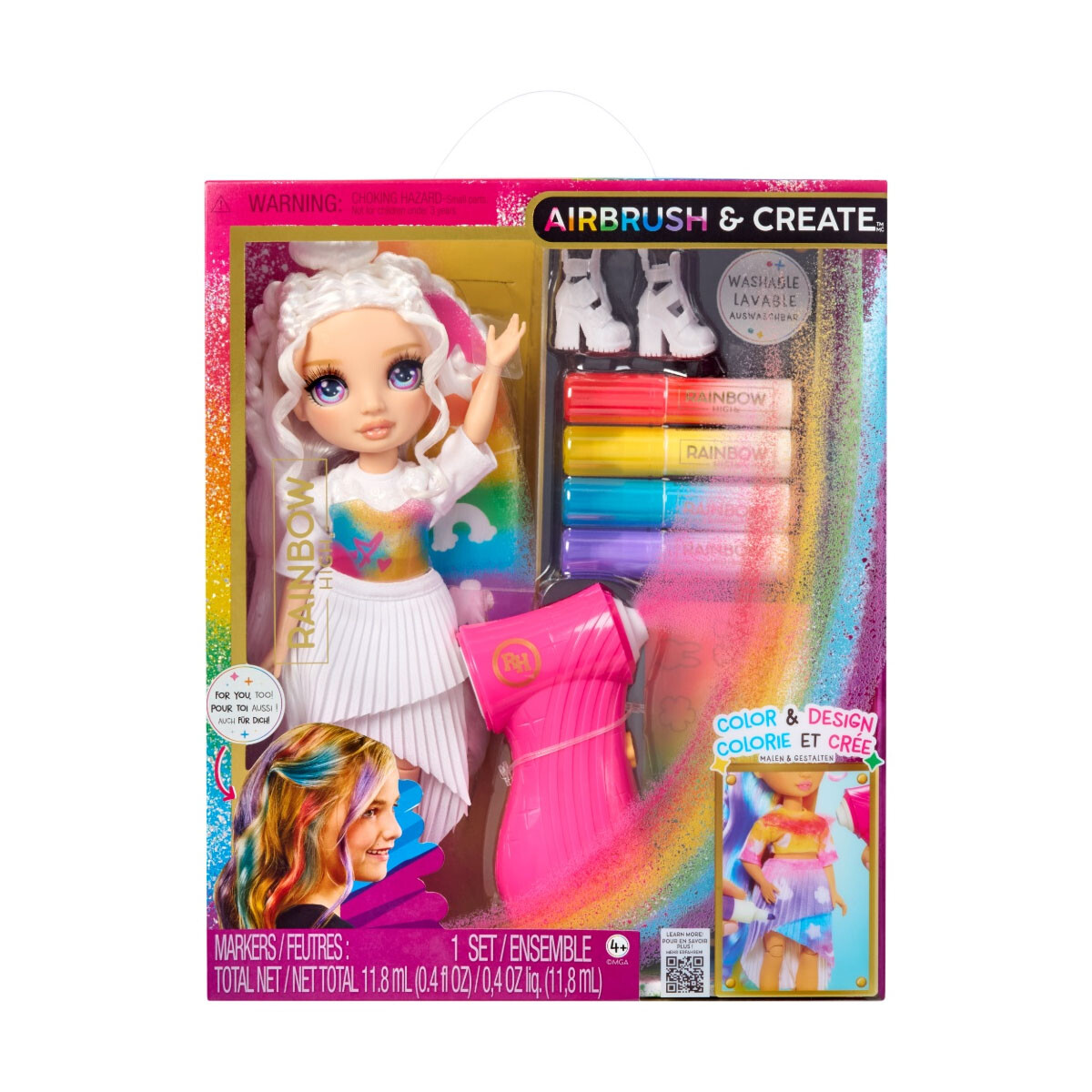 Rainbow High Muñeca Violeta con Kit de Aerógrafo, Rotuladores Arco Iris Lavables 