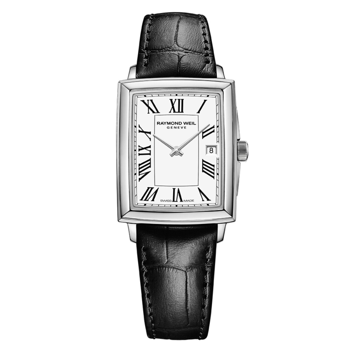 Reloj Raymond Weil Toccata Lady rectangular en acero y cuero con esfera blanca. 