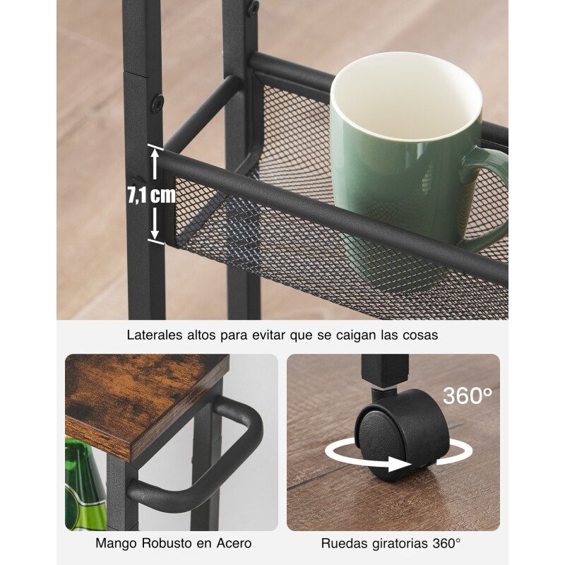 VASAGLE Carrito de Almacenamiento Metálico Delgado de 4 Niveles con Ruedas y Asa – Para Cocina, Sala de Estar, Oficina y Garaje Sin Color