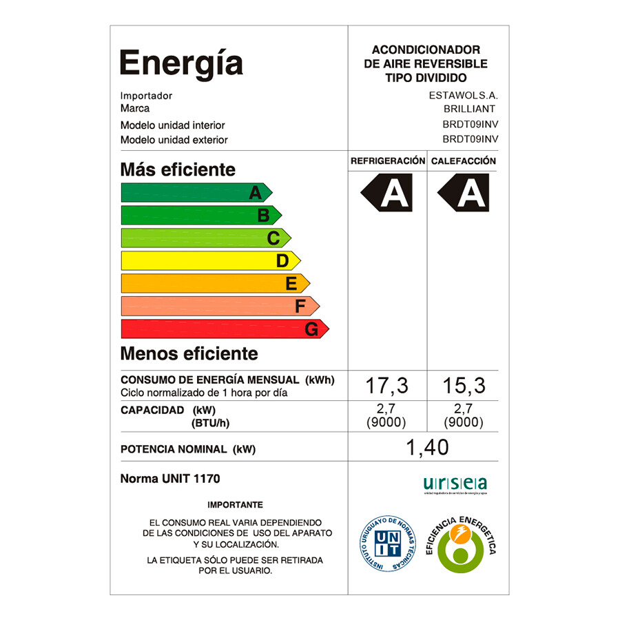 Aire Acondicionado 9.000 BTU WIFI inverter Brilliant BRDE09INV Aire Acondicionado 9.000 BTU WIFI inverter Brilliant BRDE09INV