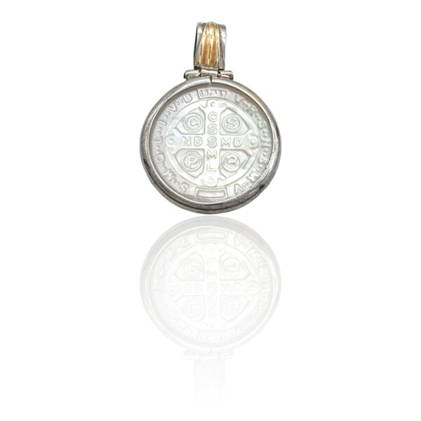 Dije Medalla San Benito- Plata 925 y oro-Con piedra Nacar-CP5203 conpiedra