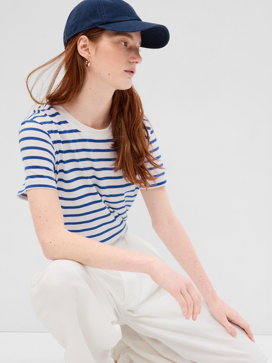 Remera Básica Cuello Redondo Manga Corta Mujer - Blue Stripe 