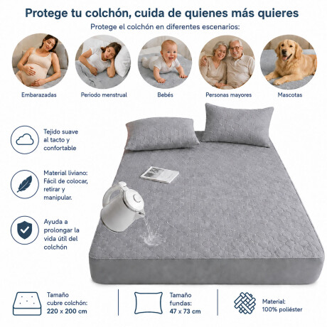 Set Cubre Colchón Pillow Impermeable 220x200cm+Fundas Suave Gris