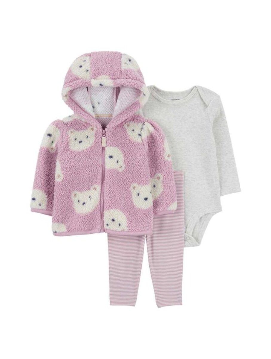 Conjunto Carters Campera Fleece , calza y bodie OSO ROSA RN 