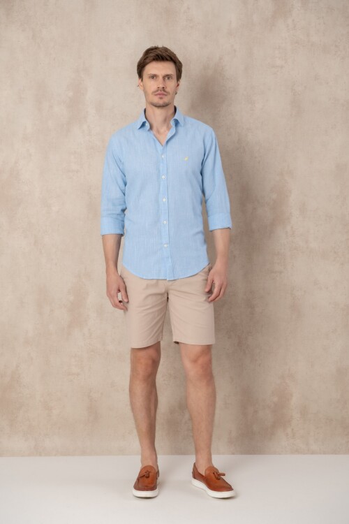 Camisa Lino Short collar Raya fina blanca