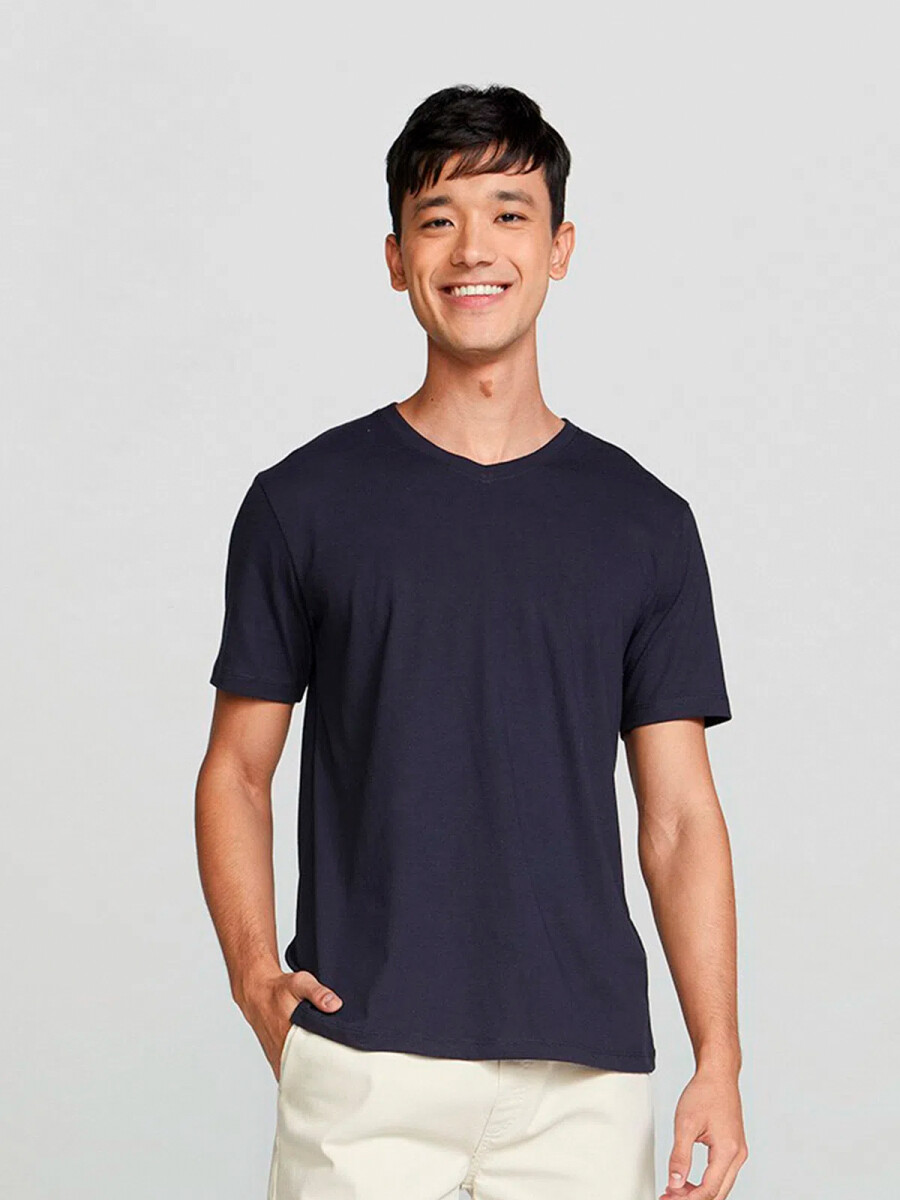 CAMISETA BÁSICA MANGA CORTA CUELLO EN V - AZUL OSCURO 