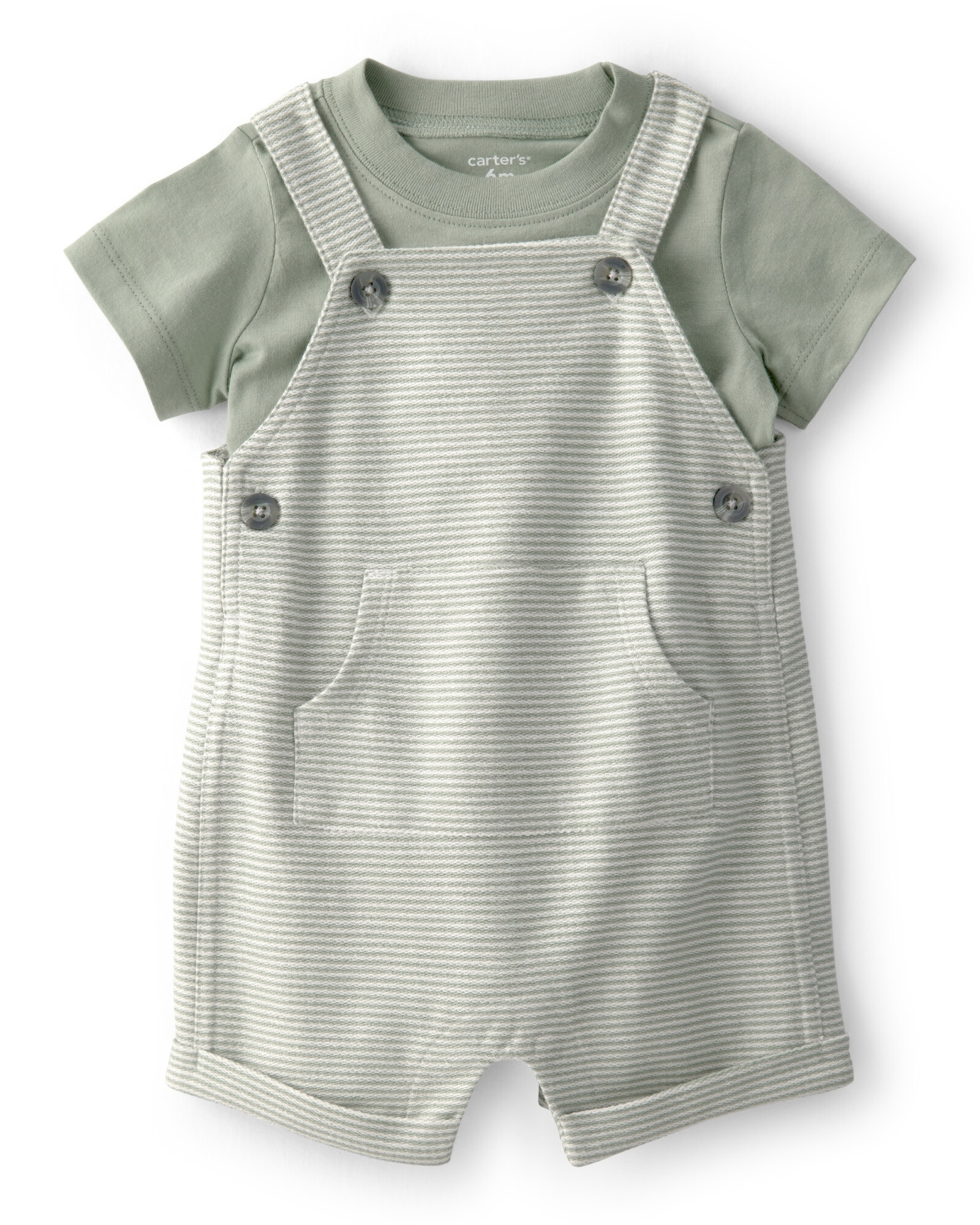 Set dos piezas de algodón, enterito corto y remera, diseño a rayas, verde Set dos piezas de algodón, enterito corto y remera, diseño a rayas, verde