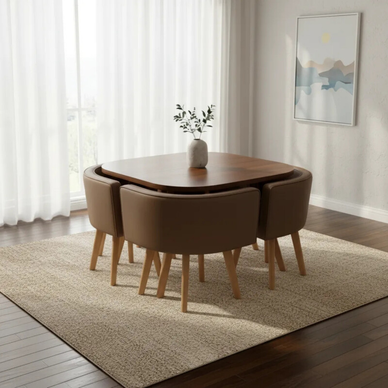 Juego De Comedor Honguito 4 Sillas Mesa 80cm Marron