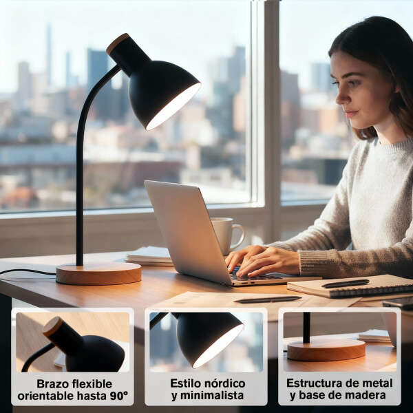 Lampara De Escritorio Velador Portatil Nordica Metal Madera Lectura IMBACK Color Negro Lampara De Escritorio Velador Portatil Nordica Metal Madera Lectura IMBACK Color Negro