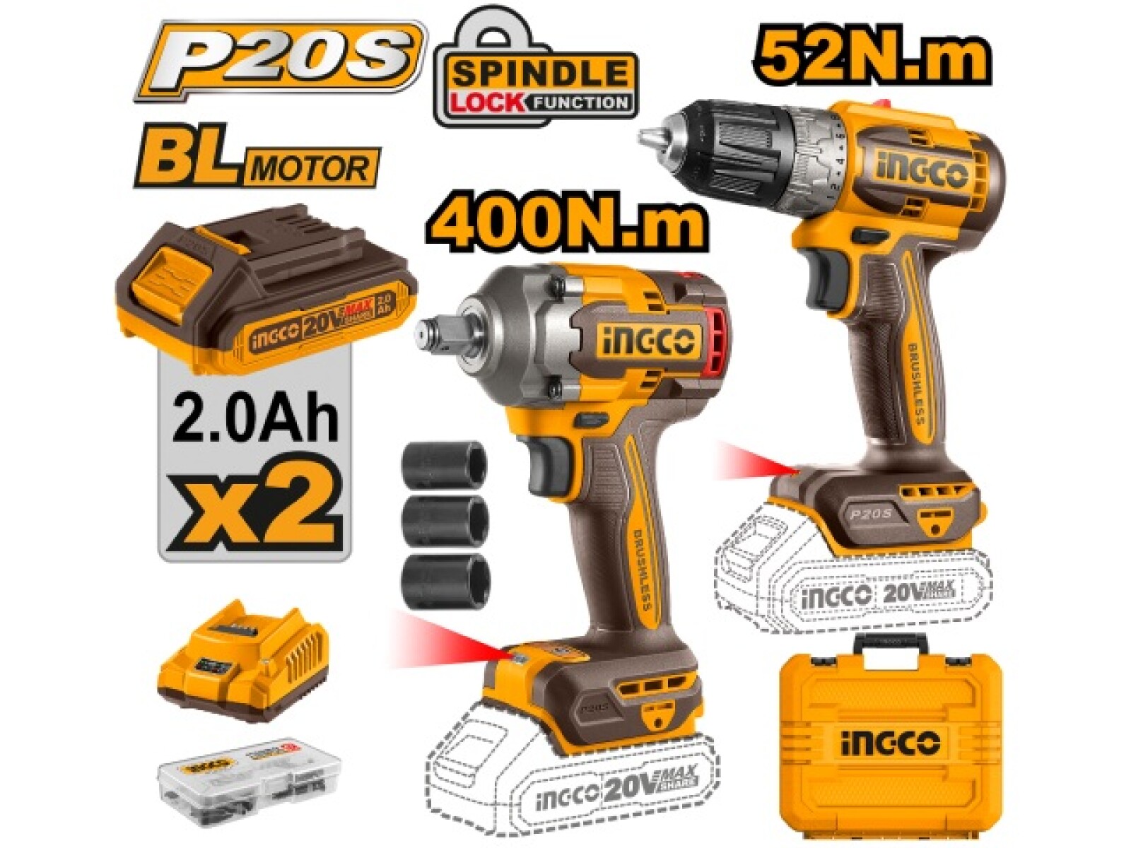 SET LLAVE IMPACTO 20V 400NM + ATORNILLADOR 20V 52NM C 2BAT CARG Y VALIJA INGCO C 